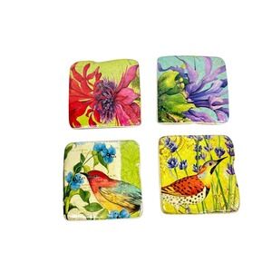 Susan Winget Ceramic Floral & Birds Coasters Set Of 4